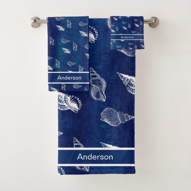 Custom Navy Wash White Nautical Seashell Bathroom  Bath Towel Set (Insitu)