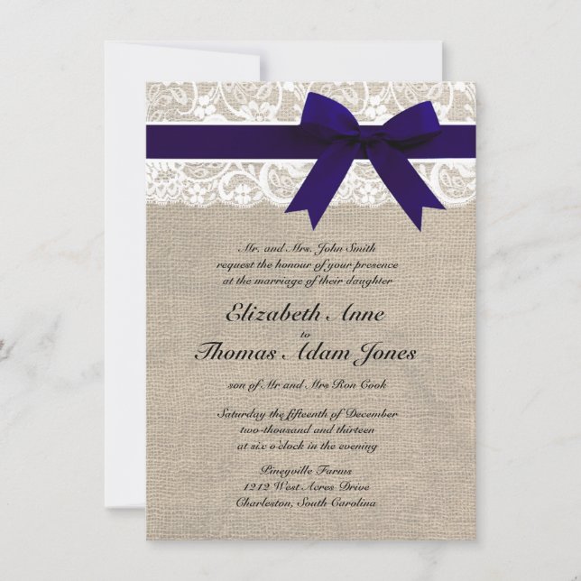 Custom Navy & White Lace & Burlap Wedding Invite (Front)
