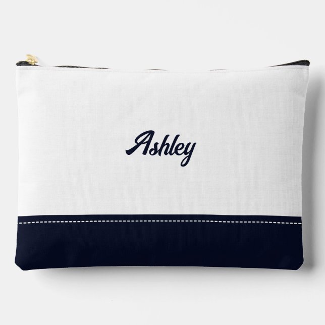 Custom navy white personalised preppy stylish chic accessory pouch (Front)