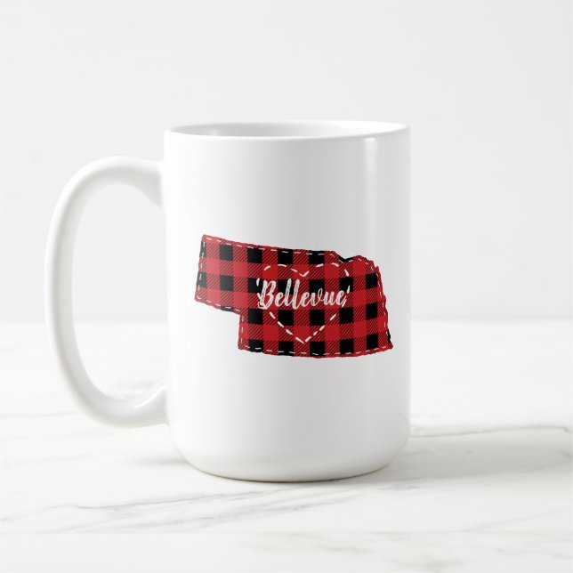 Custom Nebraska Home State Buffalo Plaid Christmas Coffee Mug (Left)