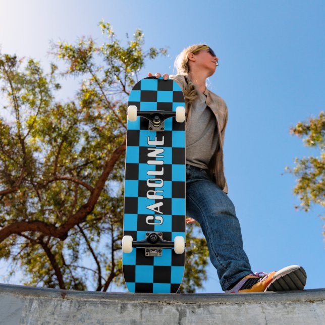 Custom Neon Blue Black Abstract Geometric Art Skateboard (Outdoor 1)
