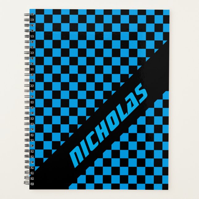 Custom Neon Blue Chequered Pattern  Planner (Front)