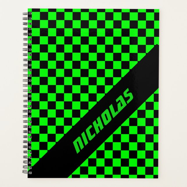 Custom Neon Green Chequered Pattern Planner (Front)