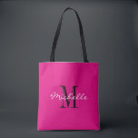 Custom neon pink and black monogrammed tote bags<br><div class="desc">Custom hot neon pink and black monogram tote bags. Stylish monogrammed design with glamourous script typography for personalised name. Add your own custom initial letter. Classy party favour gift idea for chic wedding, fancy Birthday, anniversary, bachelorette, engagement, girls weekend, bridal shower, marriage etc. Customisable background colour. Trendy accessories for women...</div>