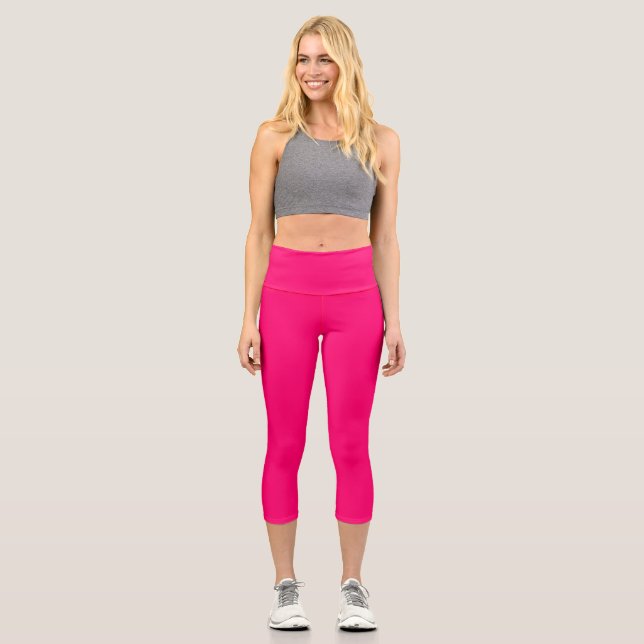 Custom Neon Pink High-Waisted Capri Leggings (Front)
