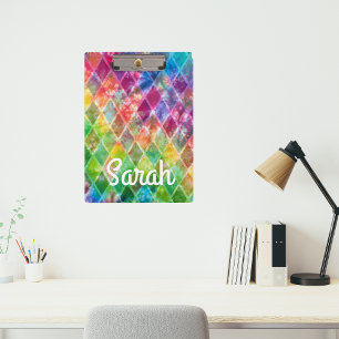 Custom Neon Rainbow tie Dye Watercolor Harlequin  Clipboard