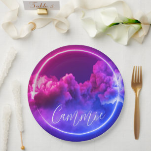 Custom Neon Sign Pink & Purple Clouds  Paper Plate