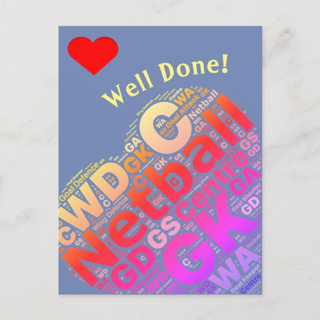 Custom Netball Typography Heart Design Postcard (Front)