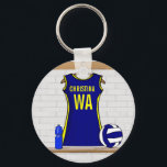 Custom Netball Uniform Navy yellow Key Ring<br><div class="desc">This personalised design can be created in any colour combination for the netball star in your family. Contact us through our GiftsBonanaza store with your request. A unique design for the netball player or netball fan with a netball uniform hanging up in a sports changing room in Navy blue and...</div>
