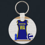 Custom Netball Uniform Navy yellow Key Ring<br><div class="desc">This personalised design can be created in any colour combination for the netball star in your family. Contact us through our GiftsBonanaza store with your request. A unique design for the netball player or netball fan with a netball uniform hanging up in a sports changing room in Navy blue and...</div>