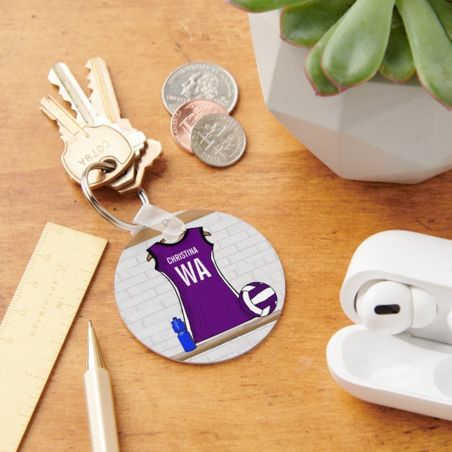 Custom Netball Uniform Purple Black Key Ring (Desk)