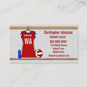 Custom Netball Uniform Red with Blue and White Business Card