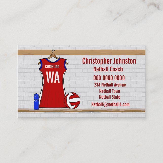 Custom Netball Uniform Red with Blue and White Business Card (Front)