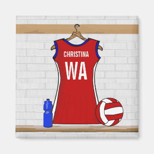 Custom Netball Uniform Red with Blue and White Magnet