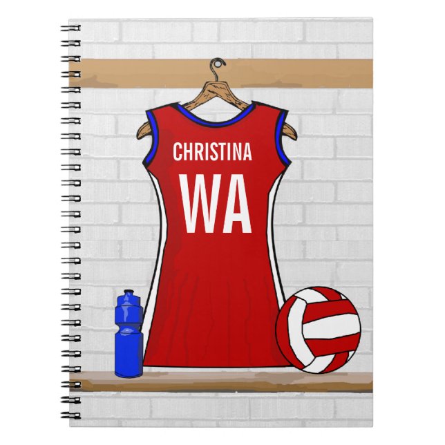 Custom Netball Uniform Red with Blue and White Spiral Notebook (Front)