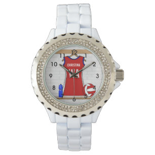 Custom Netball Uniform Red with Blue and White Watch