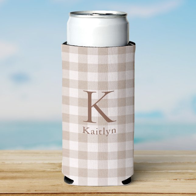 Custom Neutral Beige Gingham Heirloom Monogram Seltzer Can Cooler (Creator Uploaded)