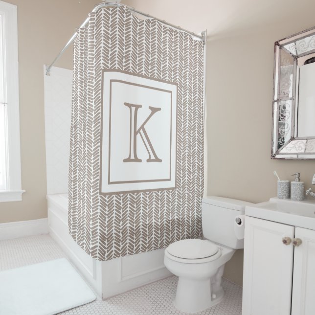 Custom Neutral Earthy Taupe Zigzag Art Stripes  Shower Curtain (In Situ)