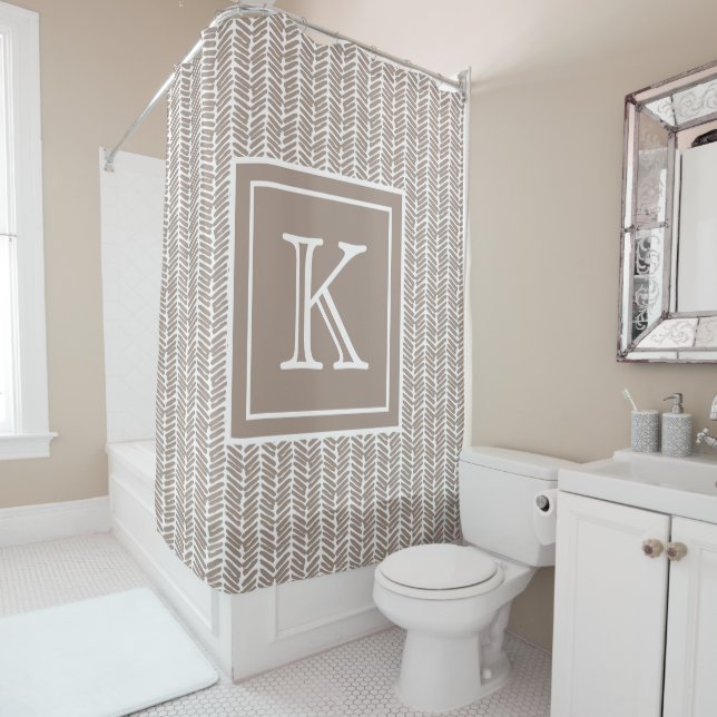 Custom Neutral Earthy Taupe Zigzag Art Stripes  Shower Curtain (In Situ)
