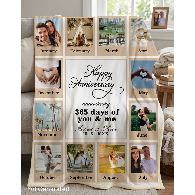 Custom Neutral Modern 12 Photo First Anniversary Fleece Blanket (Creator Uploaded)