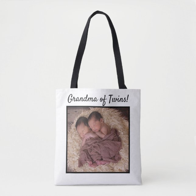 Custom New Baby Photo Grandma of Twins Tote Bag (Front)