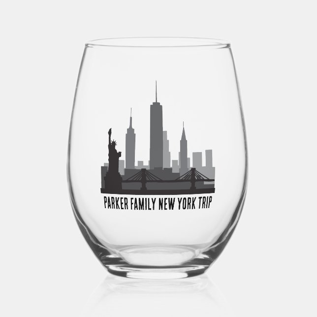 Custom New York Trip Skyline Statue of Liberty Stemless Wine Glass (Front)