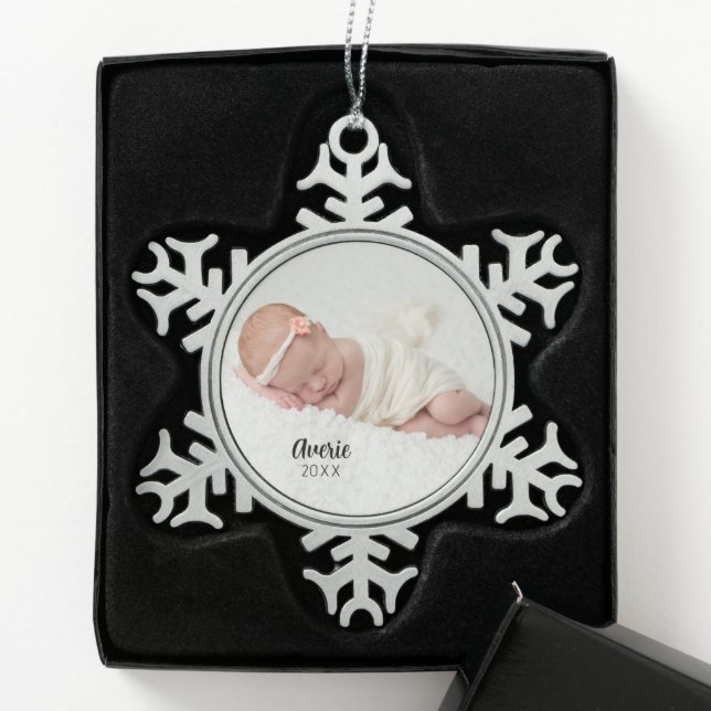 Custom Newborn Keepsake Baby Photo Snowflake Pewter Christmas Ornament (Box)