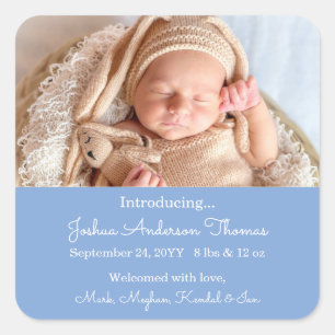 Custom Newborn Photo Birth Announcement Blue Square Sticker
