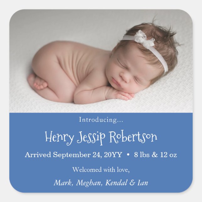 Custom Newborn Photo Birth Announcement Blue Square Sticker (Front)