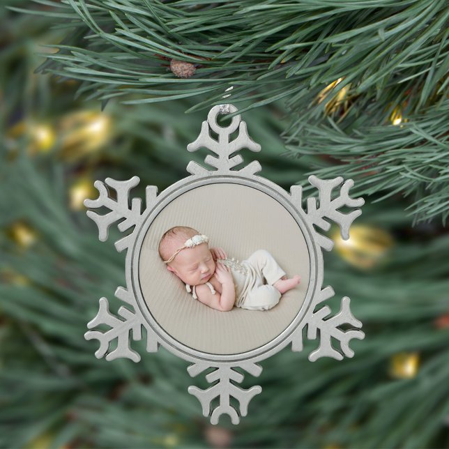 Custom Newborn Photo Keepsake Snowflake Pewter Christmas Ornament (Creator Uploaded)