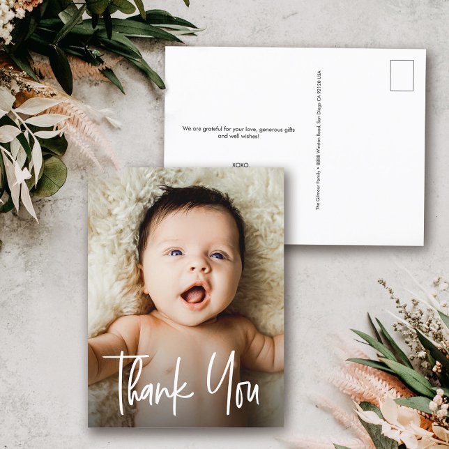 Custom Newborn Photo Modern Baby Shower Thank you Postcard (Modern Typography Thank you Handlettering style Baby photo postcard with return address.)