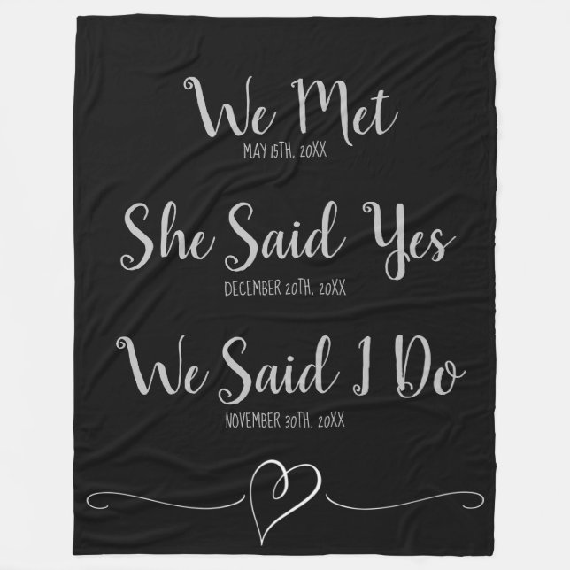 Custom Newly Weds Wedding Date Black and Grey Fleece Blanket (Front)