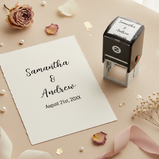Custom Newlyweds Names & Date Wedding Stamp (Elegant minimalist wedding stamp with custom names and wedding date.)