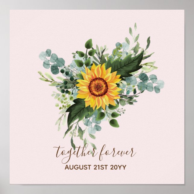 Custom Newlyweds Rustic Sunflowers Eucalyptus Leaf Poster (Front)
