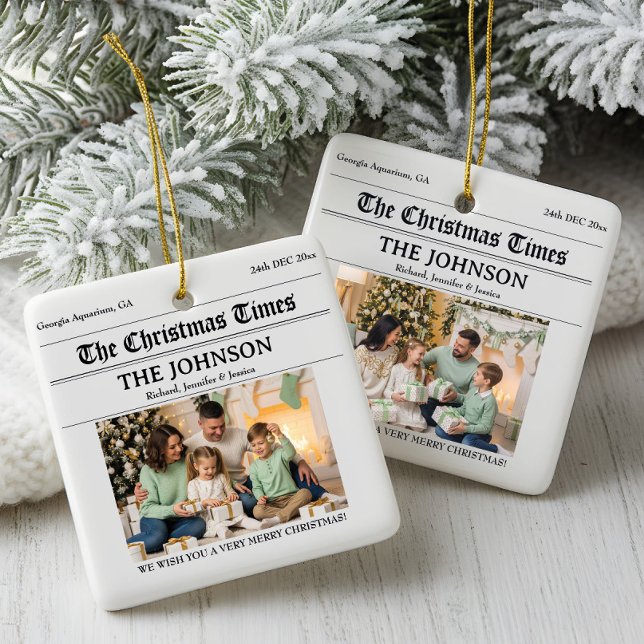 Custom Newspaper Christmas Family 2 Photos Ceramic Ornament (Creator Uploaded)