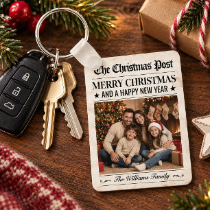 Custom Newspaper Christmas Keychain, Family Photo Key Ring