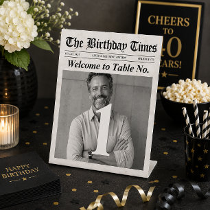 Custom Newspaper Party Table Number Sign, Birthday Pedestal Sign