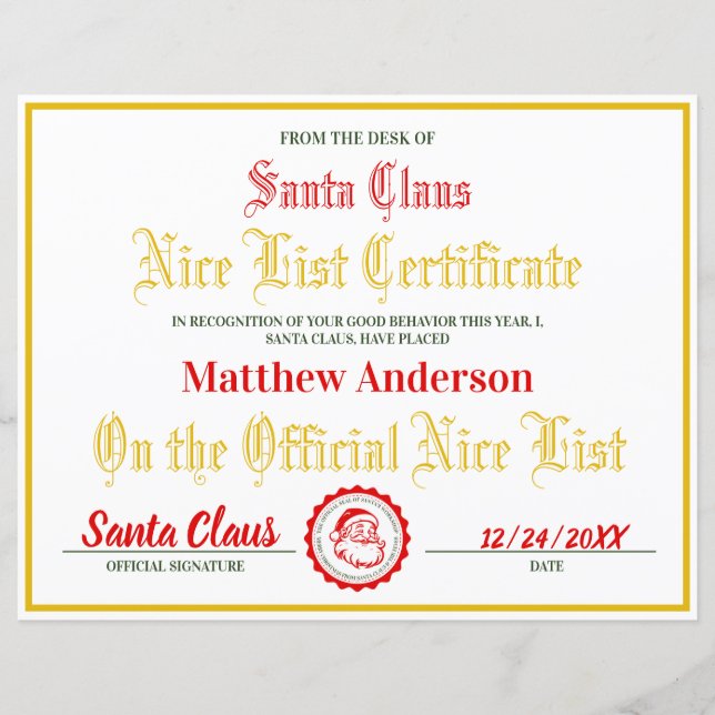 Custom Nice List Certificate Christmas Template (Front)