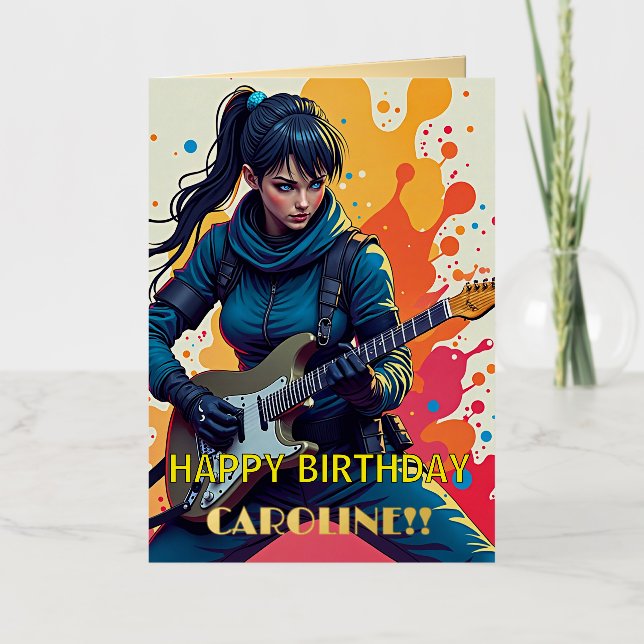Custom Ninja Girl Guitarist Art Inspirational Foil Greeting Card (Front)