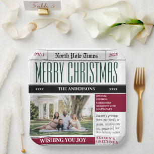 Custom North Pole Newspaper Christmas Photo Paper Plate