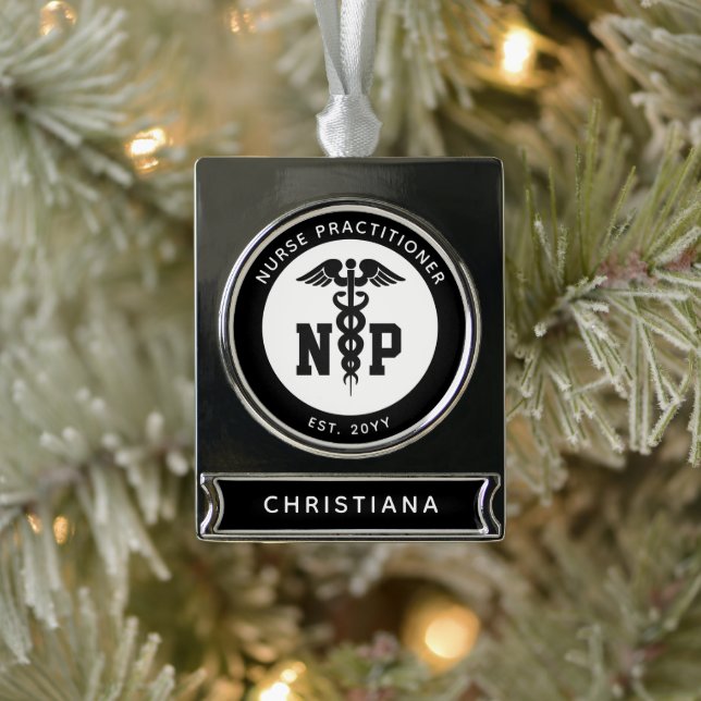 Custom NP Nurse Practitioner Graduation Caduceus Silver Plated Banner Ornament (Tree)