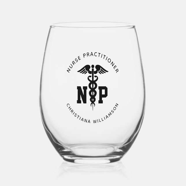 Custom NP Nurse Practitioner Graduation Med Symbol Stemless Wine Glass (Front)