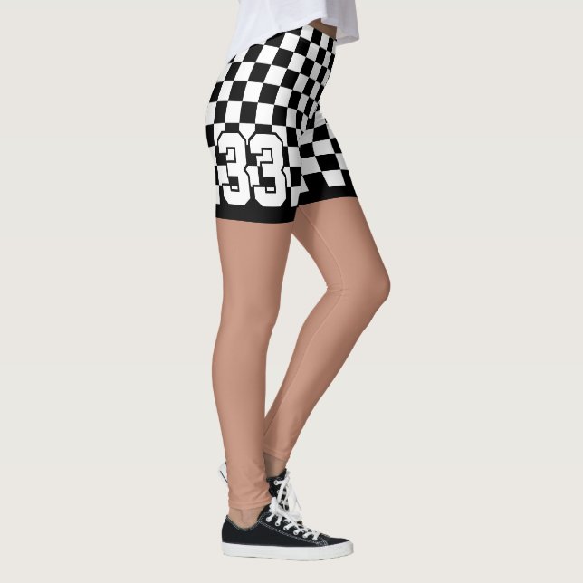Custom Number Black White Chequered Flag Print Leggings (Right)