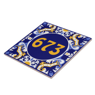 Custom number periwinkle, blue and yellow Azulejos Tile
