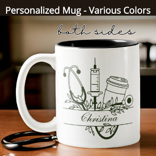 Custom Nurse Floral Monogram Mug, Graduation Gift Two-Tone Coffee Mug