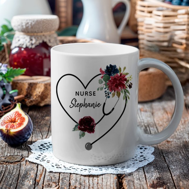 Custom Nurse Floral Stethoscope Heart Coffee Mug (Show a nurse some love with this personalized heart-shaped stethoscope with watercolor florals.)