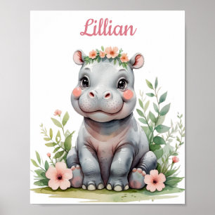 Custom Nursery Girl's Safari Baby Hippo Poster