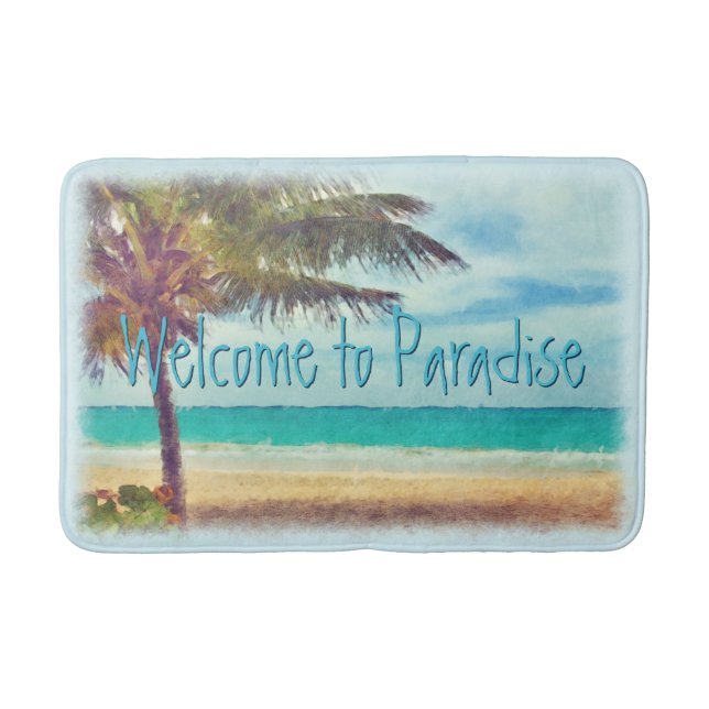 Custom Ocean Beach Palm Tree Watercolor Painting Bath Mat (Front)
