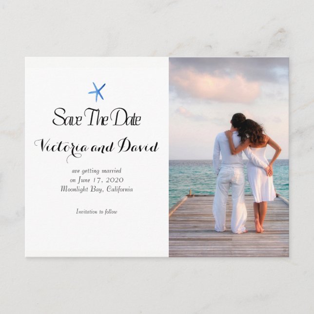 Custom Ocean Blue Beach Wedding Save The Date Announcement Postcard (Front)