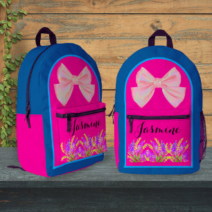 Custom Ocean Blue Pink Wildflower Name for Girls Printed Backpack